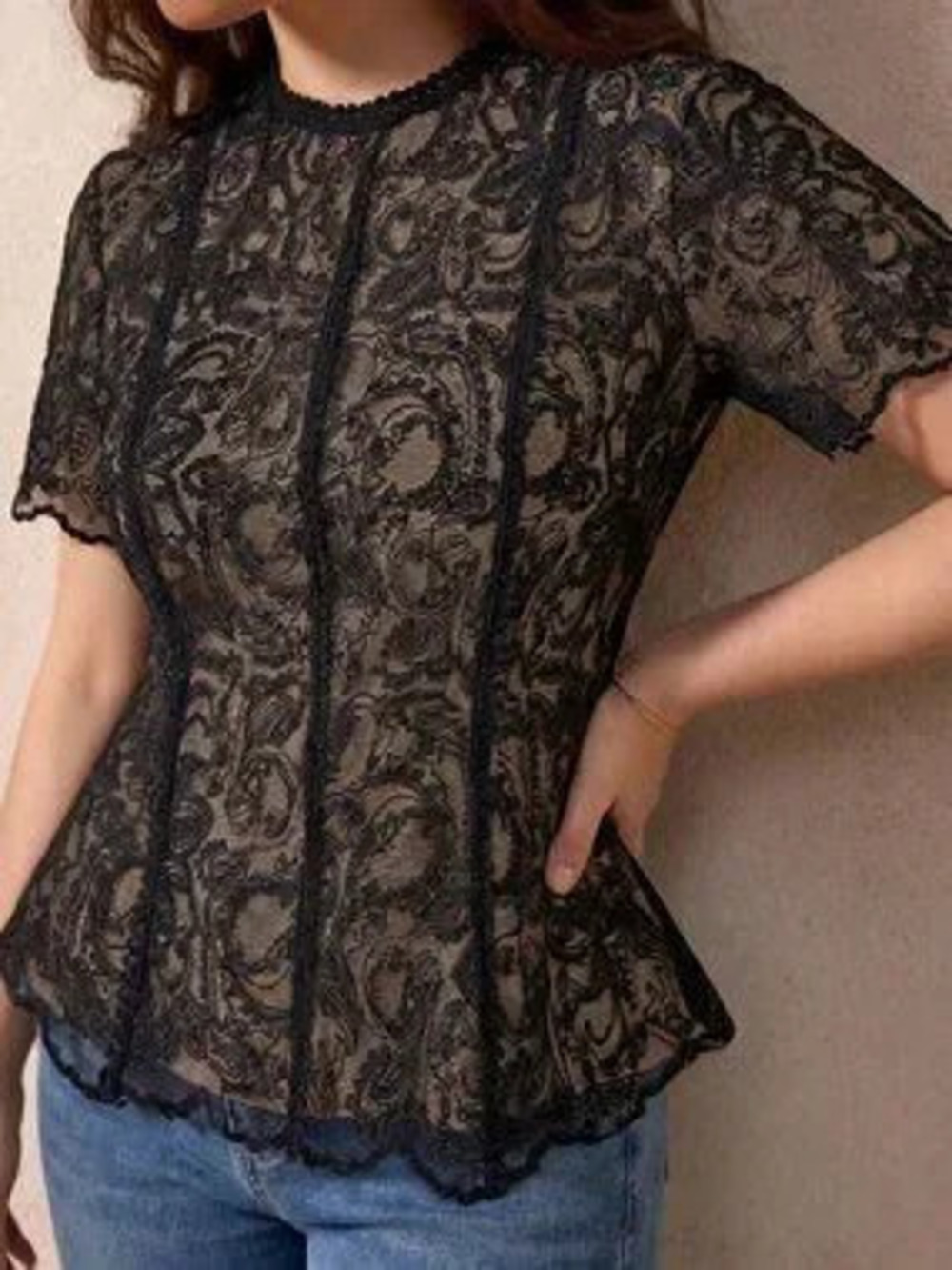 ZARA Black Elegant Women's Jacquard Lined Round Neck A-Line Top